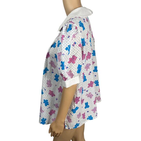 Vtg White Blue Pink Teddy Bear Collared Babydoll Puff Sleeve Tunic Top SZ 14 - Picture 6 of 10